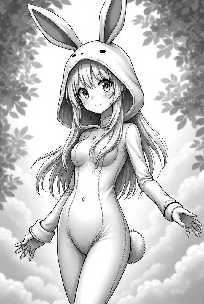 Monochrome manga style, youthful girl aged 18, striking blue eyes, porcelain pale skin, luminous white hair cascading down, hourglass figure accentuated in form-fitting bunny costume, average height enhancing relatability, expression radiating playful charm and innocence, dynamically posed within an enchanting backdrop, intricate detailing emphasizing character features in traditional manga style, expressive large eyes drawing viewers into the narrative, soft shadows and highlights creating depth, sharply defined lines emphasizing contours and movement, whimsical touches reflecting the playful nature of the bunny costume, characters illustrated in a way that embodies the unique aesthetic of manga with smooth hatching techniques, careful attention to fabric details of the costume blending texture and form, capturing the essence of youthful exuberance in a light-hearted narrative, visually appealing composition highlighting enchanting innocence and charm, monochrome palette enhancing dramatic effect, sharply contrasting blacks and whites, perfectly balancing character design with background intricacies, balancing light and shadow for a dreamy effect reminiscent of classic manga aesthetics.