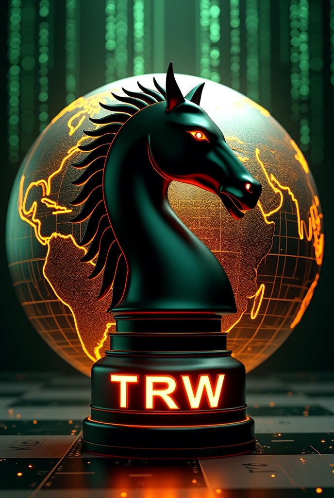 Prompt:
Create an ultra-detailed 8K wallpaper that combines a Matrix-inspired theme with luxurious millionaire elements. The central focus should be a stylized chess knight piece, representing strategy and power.
Knight Chess Piece:
The knight should have a bold, modern design. It should be predominantly black, with sharp, angular edges that give it a sleek and contemporary look. The knight's mane should be detailed with fine, precise lines, emphasizing its strength and nobility. Outline the entire knight in a vibrant, glowing orange that contrasts against the black, making the piece stand out vividly against the background. The orange outline should be slightly luminous, giving the knight an almost neon-like glow that adds a futuristic touch. Ensure the knight is positioned centrally in the image, slightly larger than the other elements to make it the focal point.
Background:
The knight should be set against a 3D-rendered globe with a highly reflective, metallic texture, resembling polished silver. The continents, particularly North and South America, should be highlighted in gradients of orange and gold, giving them a molten, glowing appearance. Surround the globe with a network of fine, white, interconnected lines that represent a global digital grid, reinforcing the futuristic theme.
Text Integration:
Below the knight and slightly overlapping the globe, integrate the text "TRW" or "THE REAL WORLD" in a sleek, futuristic font. The letters should be semi-transparent, with a subtle silver gradient, blending into the background while remaining legible. Position the text so that it complements the knight and globe without overpowering them.
Matrix Theme Elements:
Surround the globe and knight with cascading streams of green digital code, reminiscent of the Matrix. The code should appear as if it’s raining down from the top of the image, creating a sense of motion and depth. Ensure the code blends seamlessly into the background, with some streams passing behind th