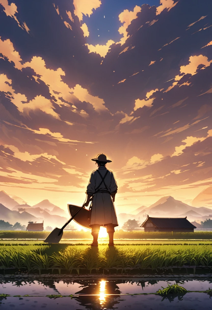In the rural fields、A young farmer in rough clothes stands with a hoe in his hand。His face is filled with determination and ambition for the future.。In the background are vast rice fields and small farmhouses.、A pale golden light shines into the sunset sky.。Farmers' backs are strong、It hints at future growth。」