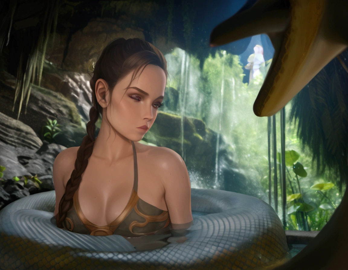 araffes in a pool with a snake in the background, sexy movie photo, emma watson in star wars, emma watson as princess leia, daisy ridley, rey, fantasy photoshoot, anaconda, still from a fantasy movie, hot reptile humanoid woman, taylor swift as princess leia, lara croft relaxing, photo of emma watson in swimsuit, 4k'