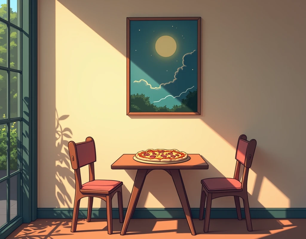 only one table,  3 chairs, a cheese and ham pizza on the table, with no one sitting, an artistic painting on the wall, anime style moonlight inside a pizzeria
