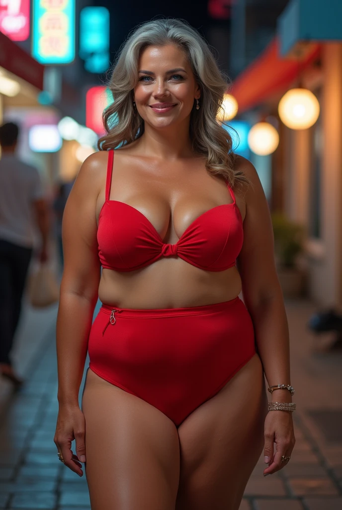 1 mature woman in, 60 years old, Alone, medium casual hair, Bob hair, curvy body, Looking at Viewer, whitehair, Bare shoulders, Brown eyes, jewely, Full body, a necklace, off shoulders, (wearing elegant patterned red heart tie tube bikini ), Distant photo, Realistic, A sexy one, beautiful colour, Perfect skin, 3 bust size, instagram (Realistic, A high resolution),photo size 3:4, 1 cute sexy mature woman, large expressive blue eyes, happy, (8K, raw photo, Best quality, High detail, curvaceous forms, curvy body, seductive pose, in the studio Foto with three ports lighting, with black wall background. Her back is turned to the photographer.