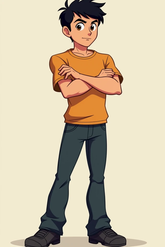 create a male character in the total drama style with very short black hair and brown eyes, crossed arms and full body
