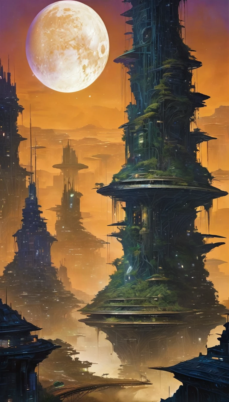 Enter the mysterious nighttime expanse of a deserted city, where moonlight cascades down on the skeletal remains of wooden structures, intertwined with the sturdy tendrils of jungle vegetation. Arriba, The cosmic tapestry is interrupted by the great spaceship. A surreal alliance of desolation and extraterrestrial presence unfolds beneath the twin moons, creating an enigmatic atmosphere over the abandoned cityscape -inspired by the art of Bill Sienkiewicz and Dave McKean