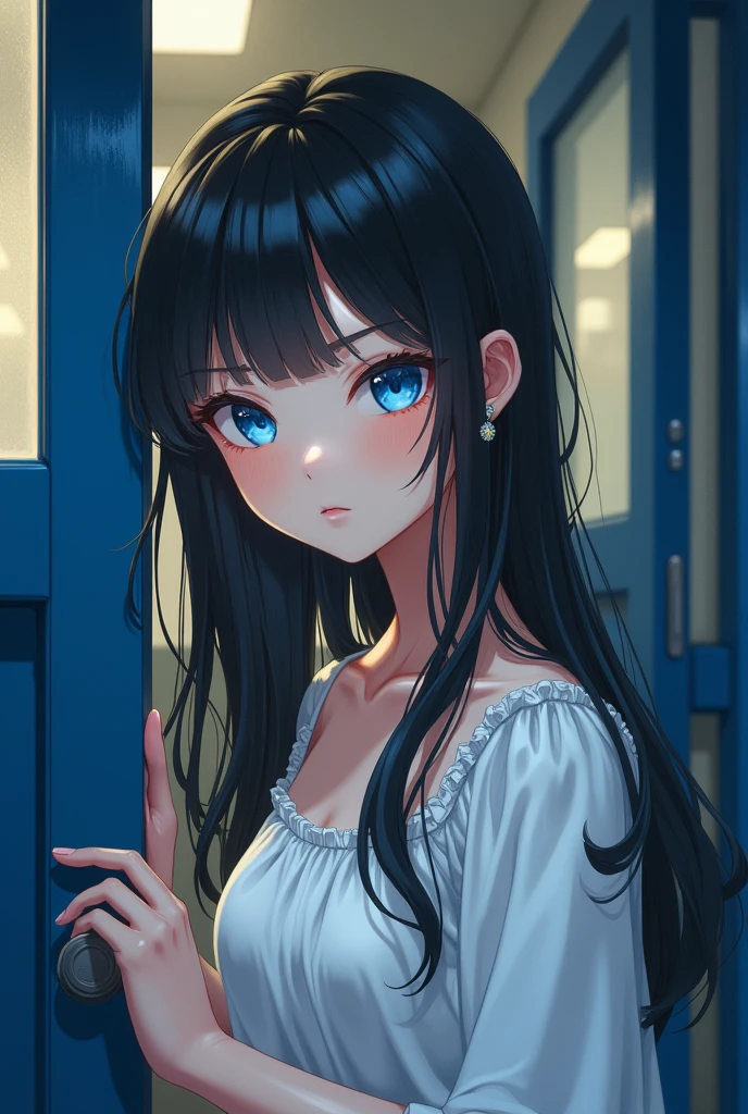 1 woman, black hair, blue pupils, delicate face, cute, love earrings, white dress, standing at the door of the police station, playful, ultra hd, masterpiece, best quality, super detail, ccurate