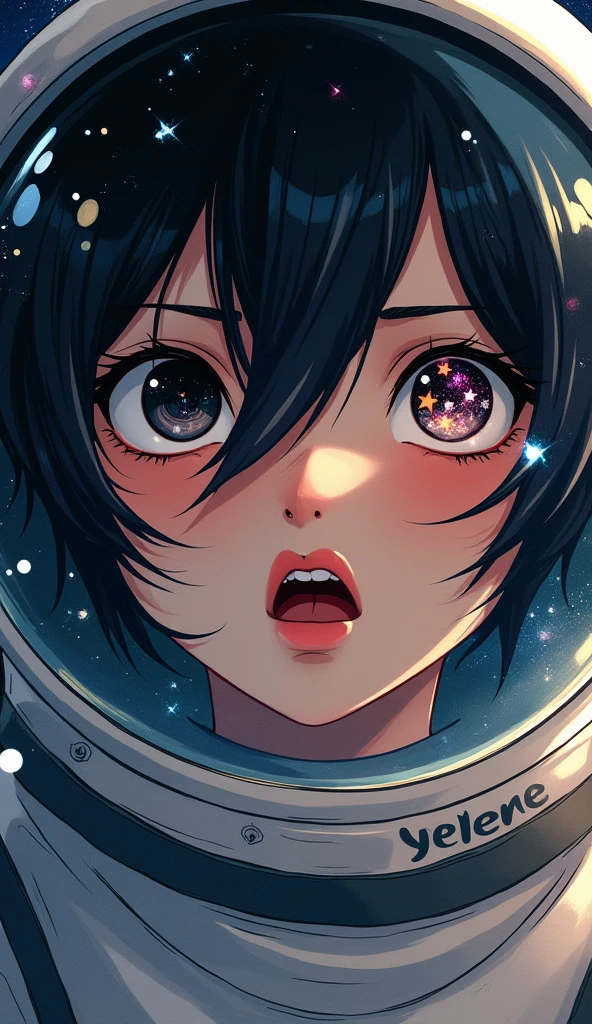 (Face close-up:1.5)0.9]、(Space and astronauts:1.2) (Messy black hair:1.1) (Heterochromia and black eyes:1.2) (Space Helmet:1.0) (Colored stars in the eyes:1.0) (Shining Sparkle:1.1) (Thick lips:0.9)、Stars reflected in the helmet々、Water droplets inside a helmet、Sweat、impatience