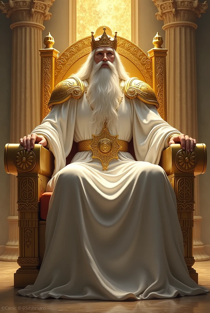 a great king sitting and leaning on a great and exalted throne all of gold. This king has a big white beard, very long white hair, white skin and a golden crown on his head. This being has white clothes, a golden belt and shoulder armor. this king is powerful and majestic.