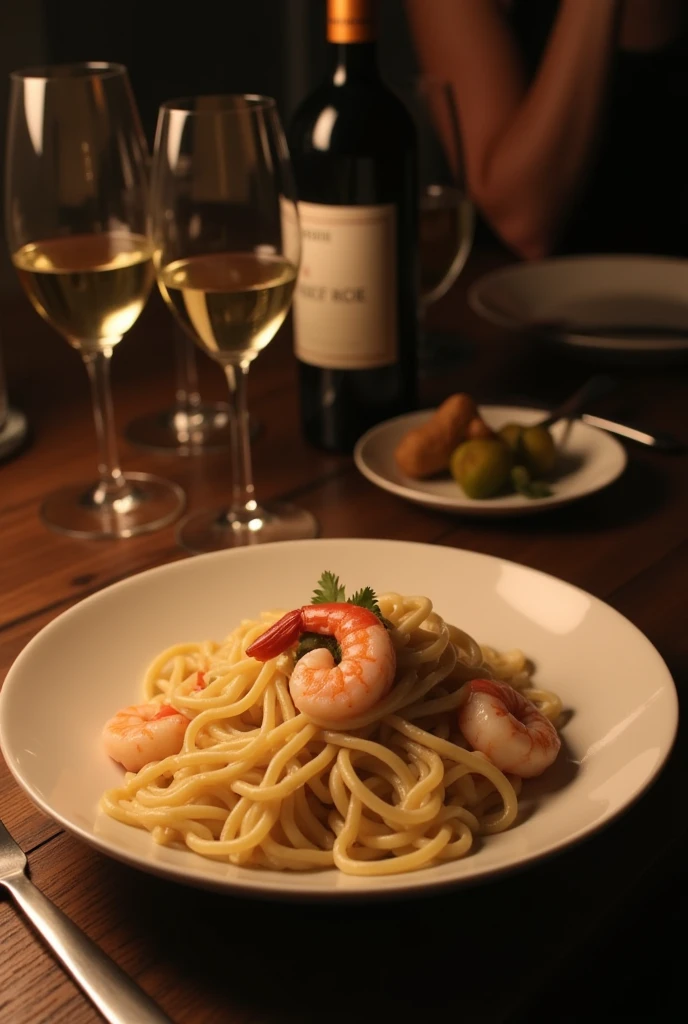 dinner at home, plate served, pasta with white sauce and shrimp, glass of white wine, In the Half Light, but in a darker environment, seen in first person. as if it were a photo taken on a cell phone for social media and without human beings appearing