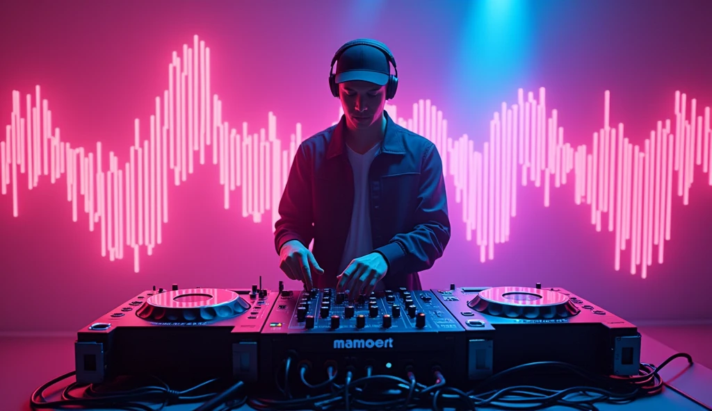 an electronic music DJ, in the background neon sound waves