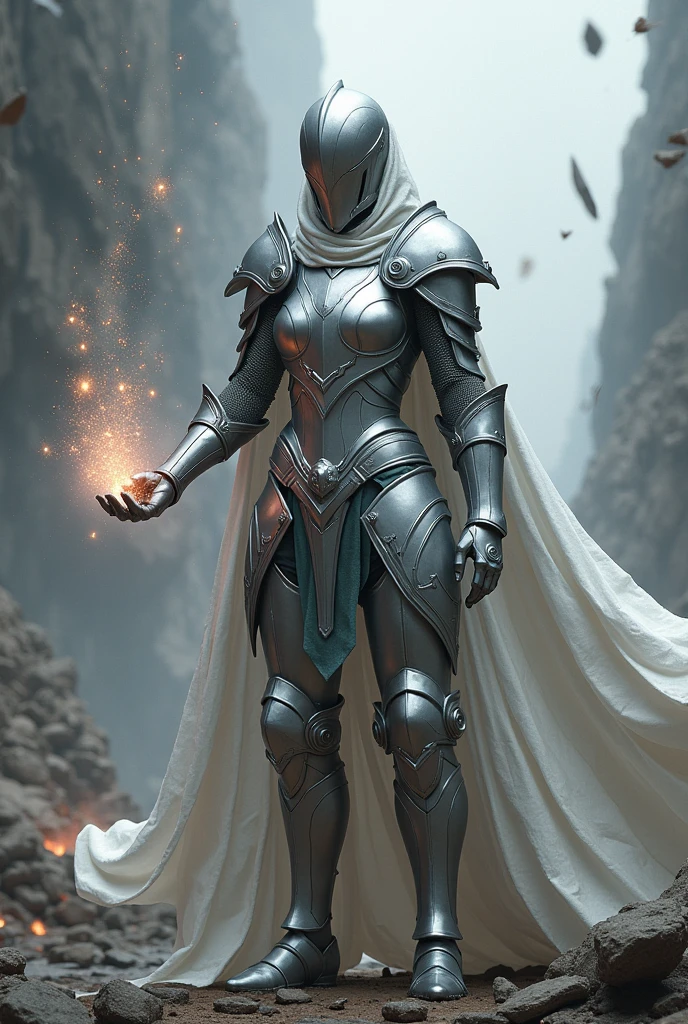 Female knight in silver armor and silver closed helmet creating metal clone to aid her in battle