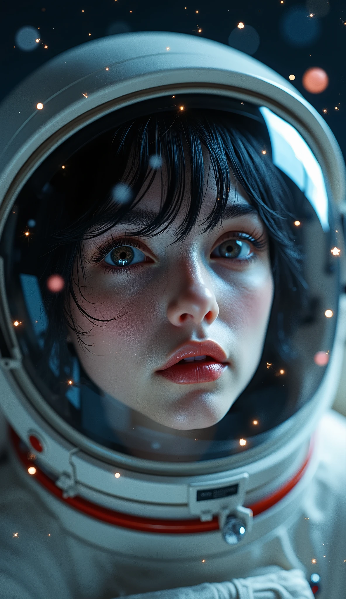 (Profile close-up:1.5)0.9]、(Space and astronauts:1.2) (Messy black hair:1.1) (Heterochromia and black eyes:1.2) (Space Helmet:1.0) (Colored stars in the eyes:1.0) (Shining Sparkle:1.1) (Thick lips:0.9)、Stars reflected in the helmet々、Look Up