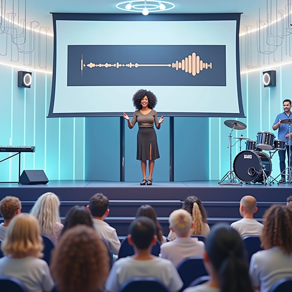 "Create a 3D-rendered image showing the view from the congregation towards the altar, which is elevated about 1.5 meters above the floor. The altar is the focal point, with a woman preaching passionately, her face lit up with a joyful and captivating smile. She has black curly hair, with several golden streaks contrasting against the black curls. The curls are not overly voluminous but are not flat against her head either. The background features a black wall with a fabric screen used for a projector. On the left side of the scene, there is a keyboard, and on the right, a drum set is inside an acoustic room with acrylic walls. The ceiling is adorned with crystal chandeliers, each with rope details and suspended by a silver wire forming a spiral. Additionally, spotlights are mounted on the ceiling, casting focused light on the altar. The atmosphere is intimate, with a color palette of black, purple, blue, and gold, while a bright light highlights the woman at the altar, emphasizing the reverence and joy of her worship. The image is rendered in high detail, capturing the depth and realism of the scene."