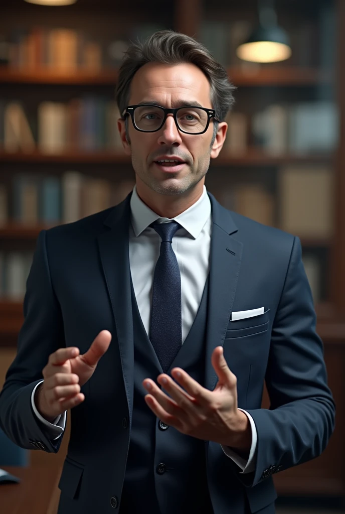 Create a person explaining with glasses and a suit 