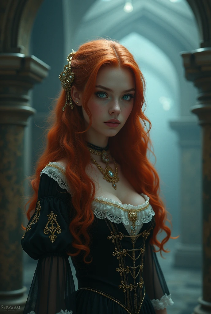 (Alone, Full body photo:1.3), (action packed:1.3), (Hoar, fog, fog:1.3), chiaroscuro, Best Quality, photorealistic, 1 woman, (Beautiful), (24 years:1.2), redhead, Cabello largo redhead muy detallado, 1700s DECADE, digital photography, art by artgerm and ruan jia and greg rutkowski surreal painting golden butterfly filigree, broken glass, (masterpiece, side lighting, finely detailed fashionable eyes: 1.2) (large eyes, oval and perfect looking at the viewer.), beautiful detailed face, beautiful perfect blue eyes, (blonde hair ponytail), (attractive young woman:1.3), (incredibly thick hair), (seductive:1.1), (blush:1.1)