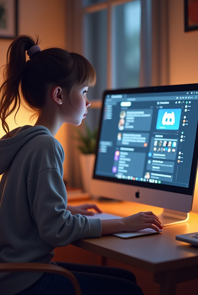 create an image where there is a girl using discord on your computer
