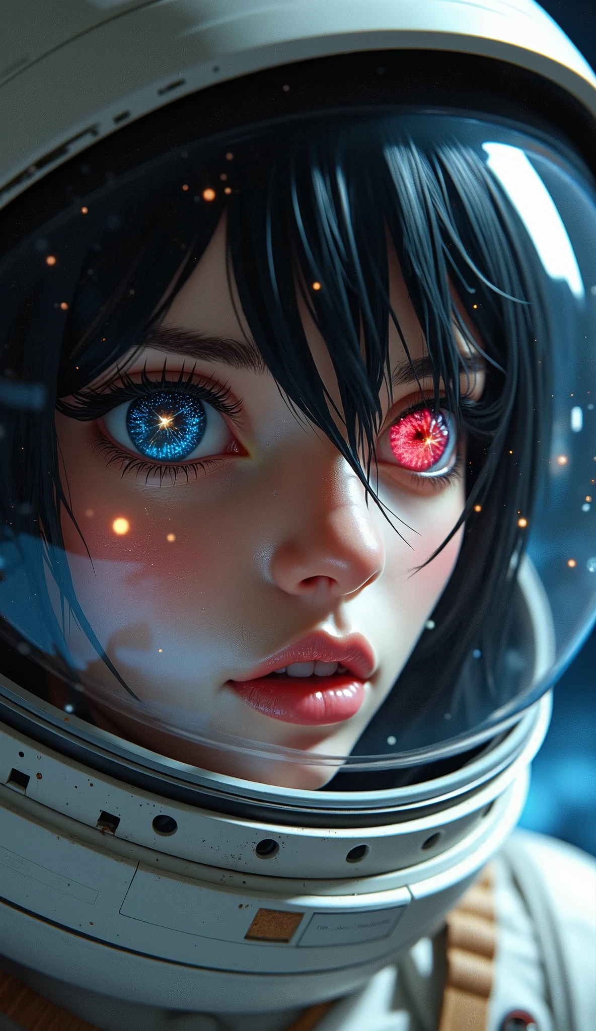 (Face close-up:1.5)0.9]、(Space and astronauts:1.2) (Messy black hair:1.1) (Heterochromia and black eyes:1.2) (Space Helmet:1.0) (Colored stars in the eyes:1.0) (Shining Sparkle:1.1) (Thick lips:0.9)、Stars reflected in the helmet々、Water droplets inside a helmet、Sweat、impatience