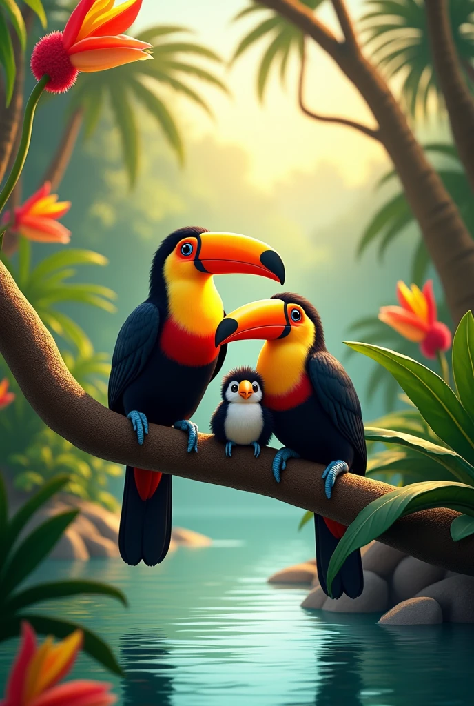 A pair of toucans hanging in a tree with their two baby toucans accompanied by flowers and wild heliconias on the banks of a crystal-clear river at dawn 