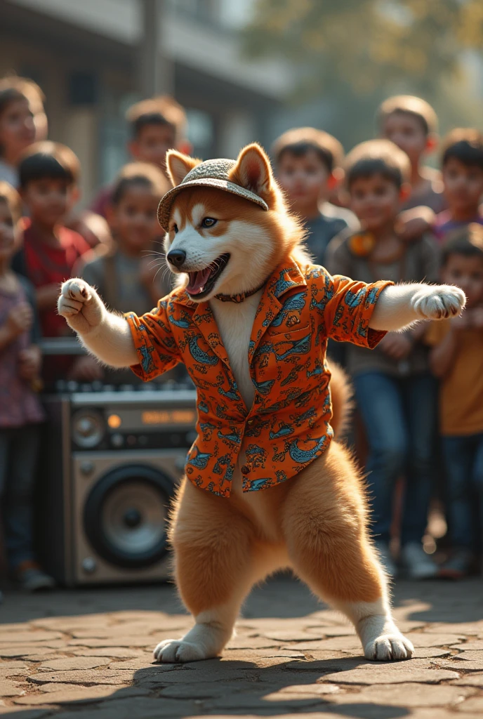 hyper-realistic photo of an Akita wearing Life DJs clothing and bucket hat breakdancing in front of a crowd of kids in a circle with a stereo in the corner