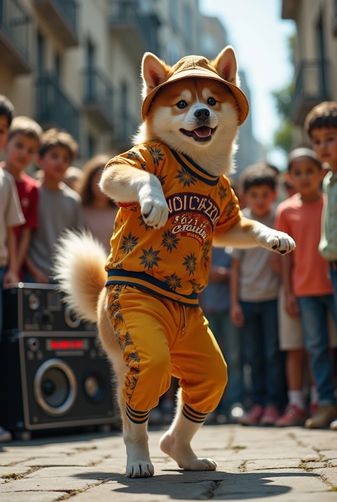 hyper-realistic photo of an Akita wearing Life DJs clothing and bucket hat breakdancing in front of a crowd of kids in a circle with a stereo in the corner