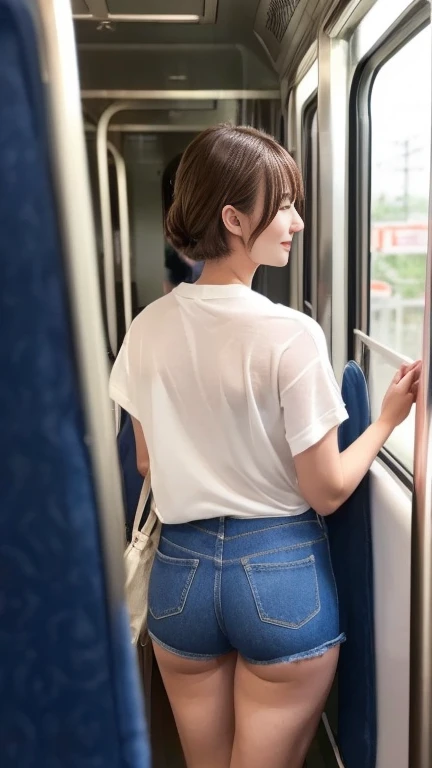 Photo-realistic image quality、Japan Railways、Japanese Trains、(Oversized hot pants:1.4)、(Denim fabric hot pants)、Beautiful feet、Great style、slender、Mid-chest、Beautiful Skin、Smooth Skin、Beautiful thighs、Beautiful calves、cute、Beauty、(Chignon Hair)、Fair skin、(Brown Hair)、Upright、I am on a train、Grab onto the strap、(Voyeur)、White T-shirt、(Shooting from the side、Shoot diagonally from behind、Shooting from diagonally in front),reduce noise、bright、(Not aware that they are being watched:1.3)、(pov peeping)、smile、(素足でWearing sandals:1.2)、Long legs、Beautiful legs、(Wearing sandals),(The line of the underwear is visible、See-through bra:1)