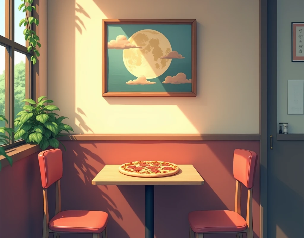 only one table, 3 chairs, a cheese and ham pizza on the table, with no one sitting, an artistic painting on the wall, anime style moonlight inside a pizzeria