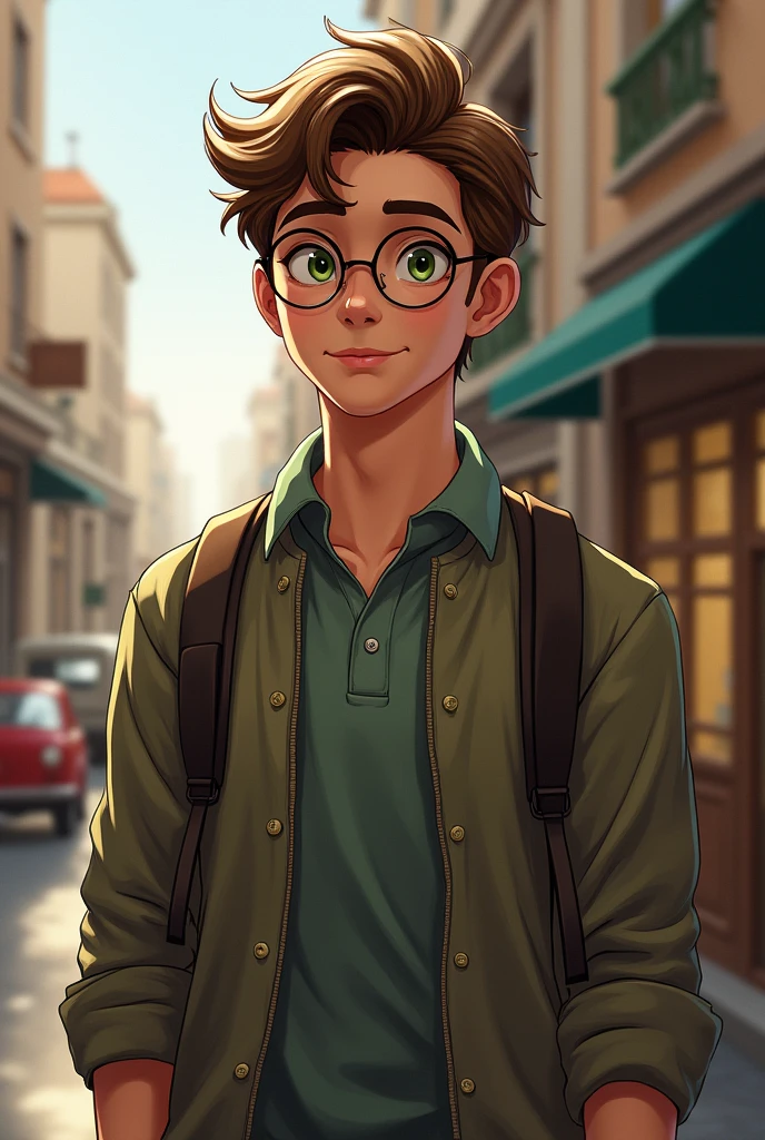 Tall boy short brown curly hair, middle musculature, green eyes, Italian defined features, thesis clara, dressed in a sweater over a shirt and with round glasses. in realistic style