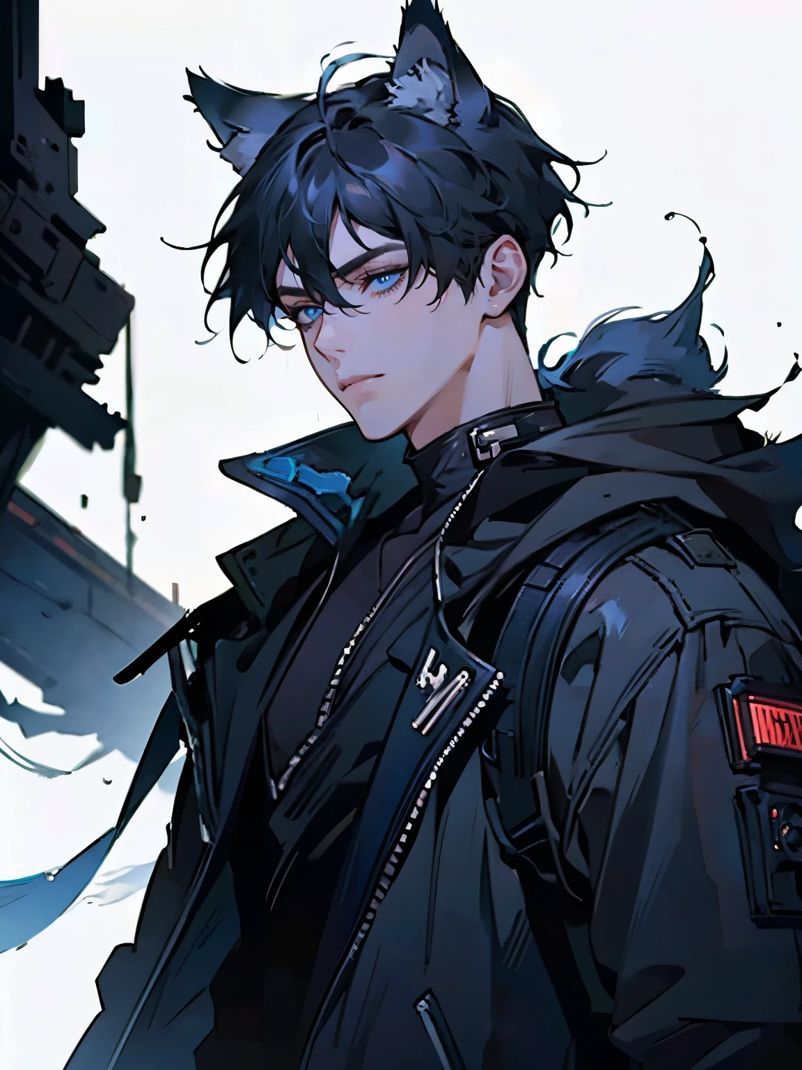 a cyberpunk young man, 20 years old, portrait, black cyberpunk clothes, black short hair, blue eyes, wolf ears and tail, (best quality, 8k, photorealistic, cinematic lighting, hyper detailed), White background.