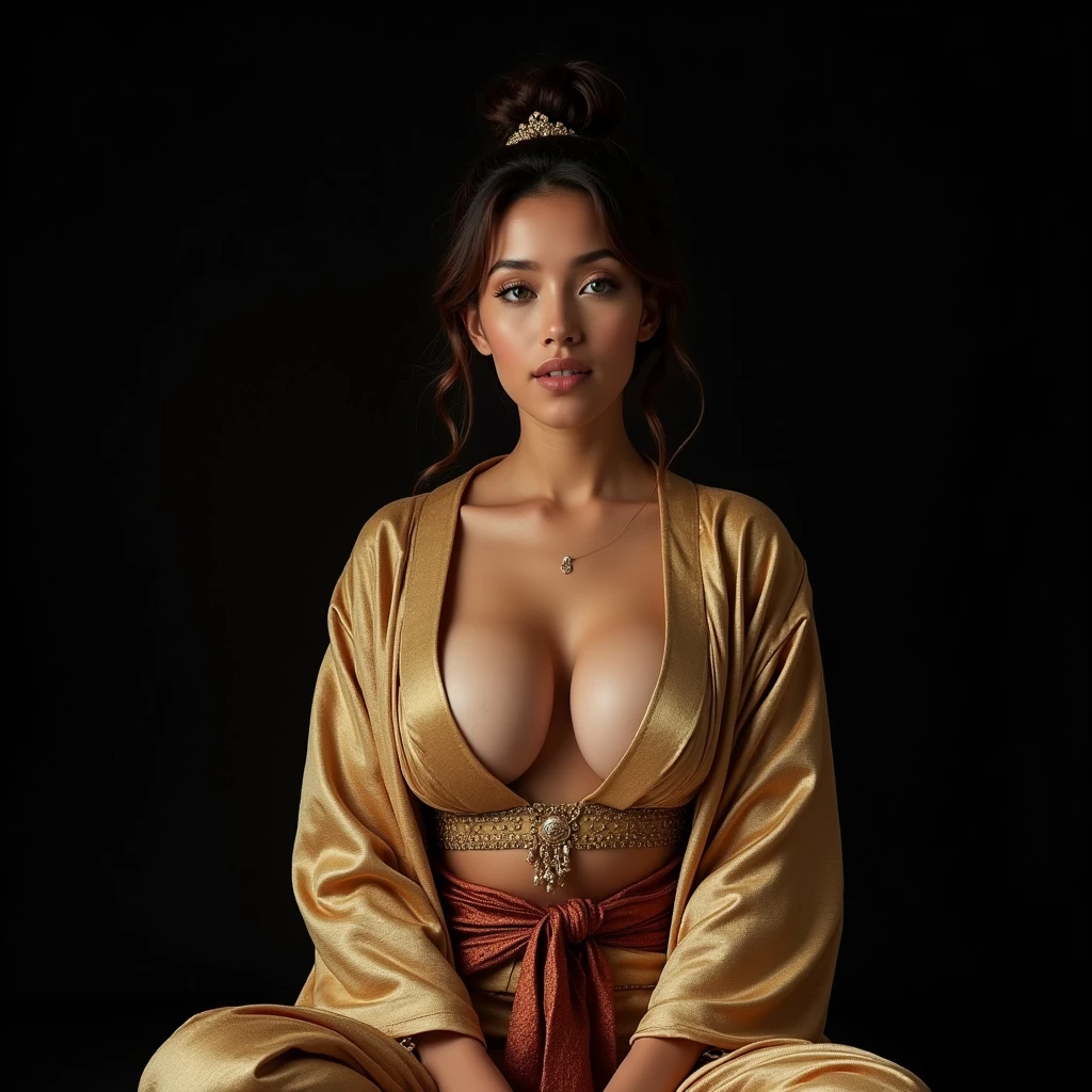 Foto hiperrealista en primer plano de Cardi B, masterpiece, best quality, (photorealistic:1.4), full body, (classy blue and yellow Japanese kimono with nothing underneath:1.1), black long loose curls in a sophisticated high bun, sexy posing in a Japanese temple, bending over, neons, cinematic light, beautiful woman, skinny, large D-cup breasts, perfect body, detailed face, slutty face, looking straight at the camera, photo taken from a distance (close-up, editorial photograph of a lightksin stunning woman), (highly detailed face:1.4) (smile:1.2) (background inside dark, moody, private study:1.3) POV, by lee jeffries, nikon d850, film stock photograph ,4 kodak portra 400 ,camera f1.6 lens ,rich colors ,hyper realistic ,lifelike texture, dramatic lighting , cinestill 800,