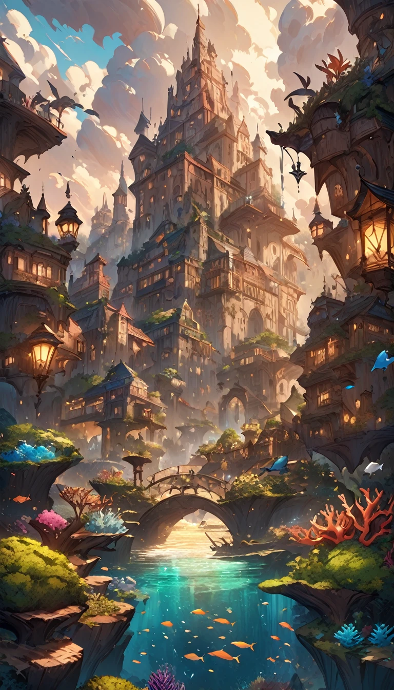 Farbe (fantasy: 1.2), (Miyazaki style), (Irregular buildings floating on the seabed), Patchwork cottage, Moss decorations, coral, lamp, Concept art inspired by Andreas Rocha, Artstation Contest Winners, fantasy art, (Underwater city), Ross Chen, Optical axis, Realistic lamp light, masterpiece, high quality, Beautiful graphics, High Detail, masterpiece, high quality, Beautiful graphics, High Detail,