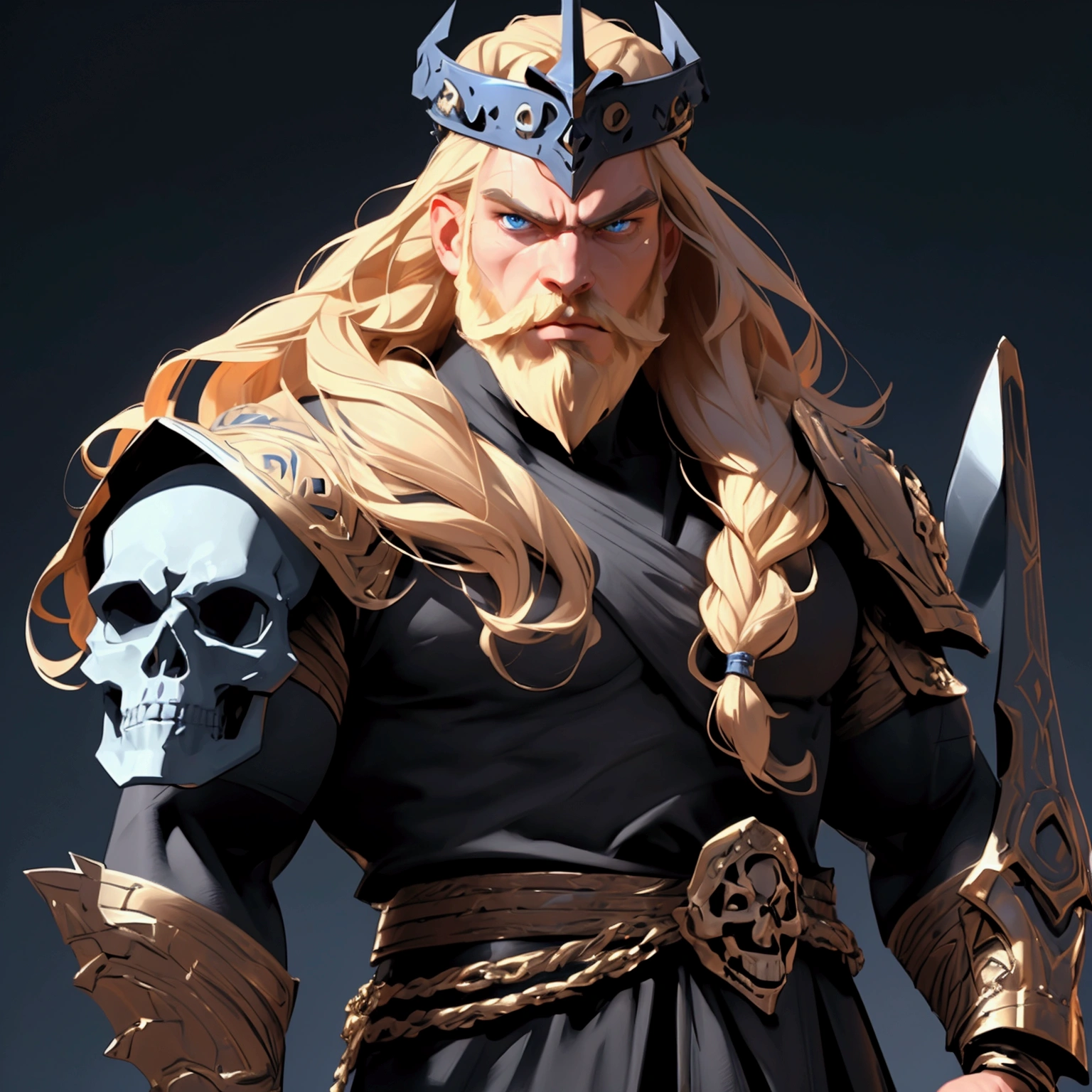 envision a 8k, highres, cinematic close up portrait of a strong face fierce warrior posing for battle with a muscular body, big beard with sleek long flowing blonde hair, and blue eyes shirtless wearing and a skull crown face mask effects against a dark gray background