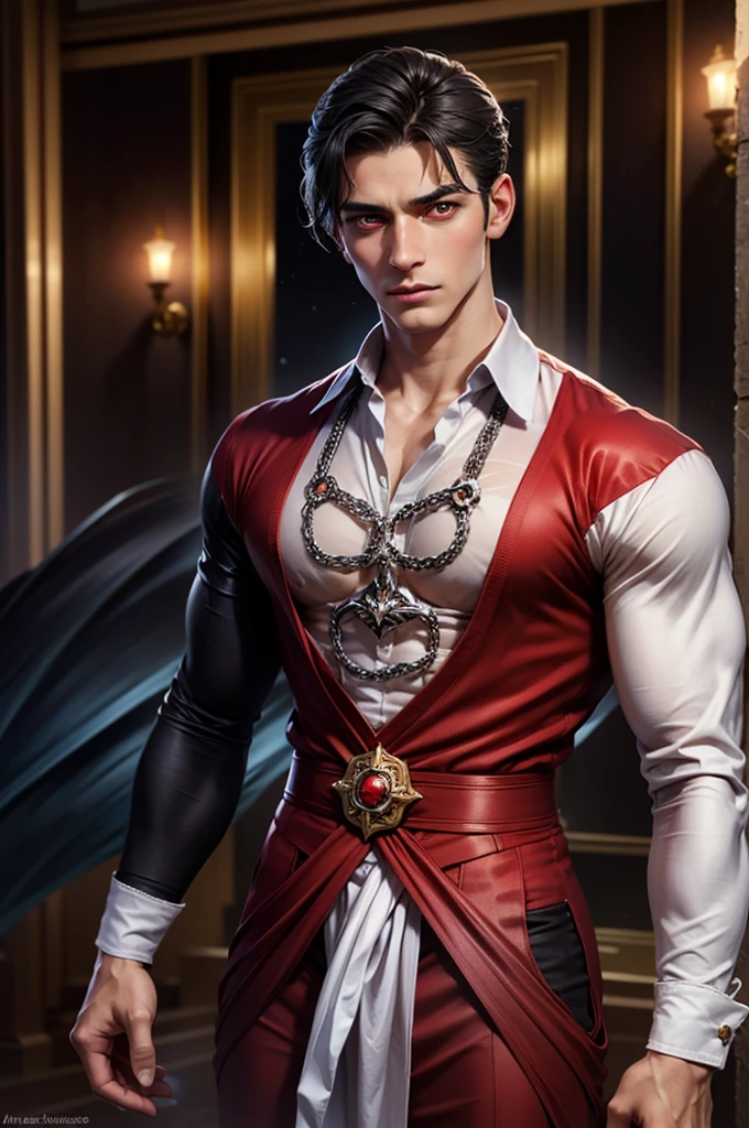 Photorealistic half body ung man.,elegant,tall and strong,Perfect male figure, eyes looking at the camera, ((tanned skin)), tanned skin tostada,primitive,Black hair falling disheveled over his forehead and the tops of his ears and in waves at the nape of his neck, ,serious expression. celestial, bulge. Eyes fixed on the camera, stare, serious, Red eyes with silver flecks, marked jaw, red eyes, Ropa medieval masculina elegant. High birth. Hombre robusto y serious como Nyktos del libro "A shadow in the embers" by author Jennifer L. Armentrout