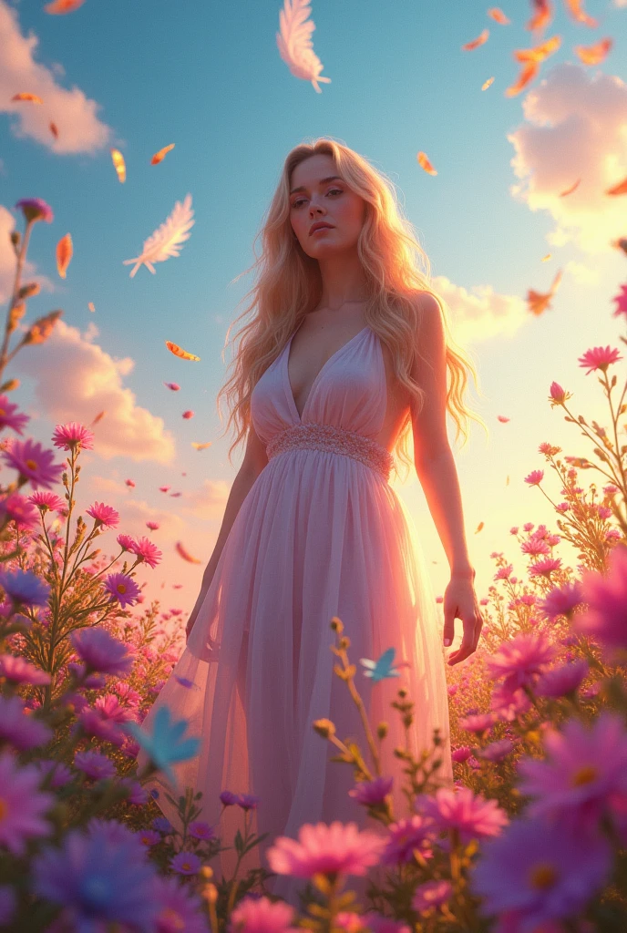 Digital art: Sabrina carpenter on a colorful flower field, feathers falling, full body, flames