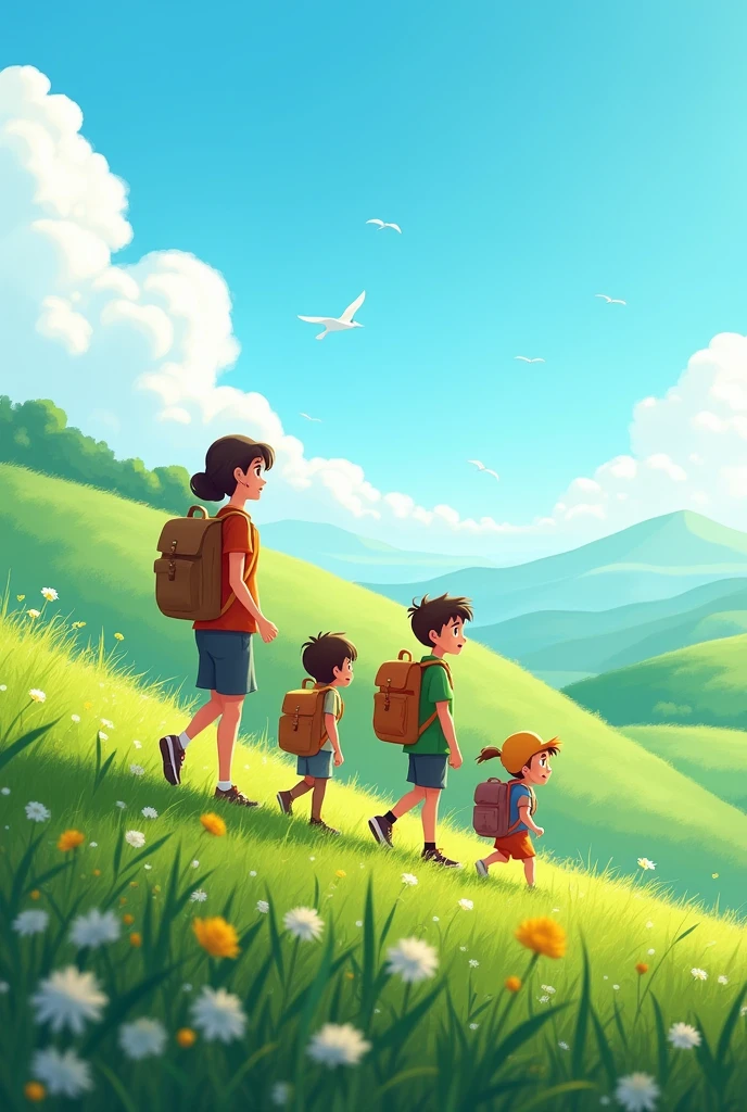 Family hiking on a hill in spring,Wear a small backpack ,The background color of the poster is mainly bright sky blue,The entire picture requires about 1 horizontal character/4