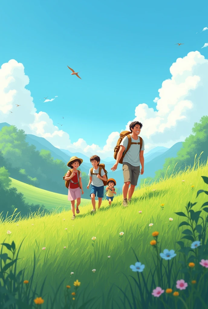 Family hiking on a hill in spring,Wear a small backpack ，The background color of the poster is mainly bright sky blue，The entire picture requires about 1 horizontal character/4
