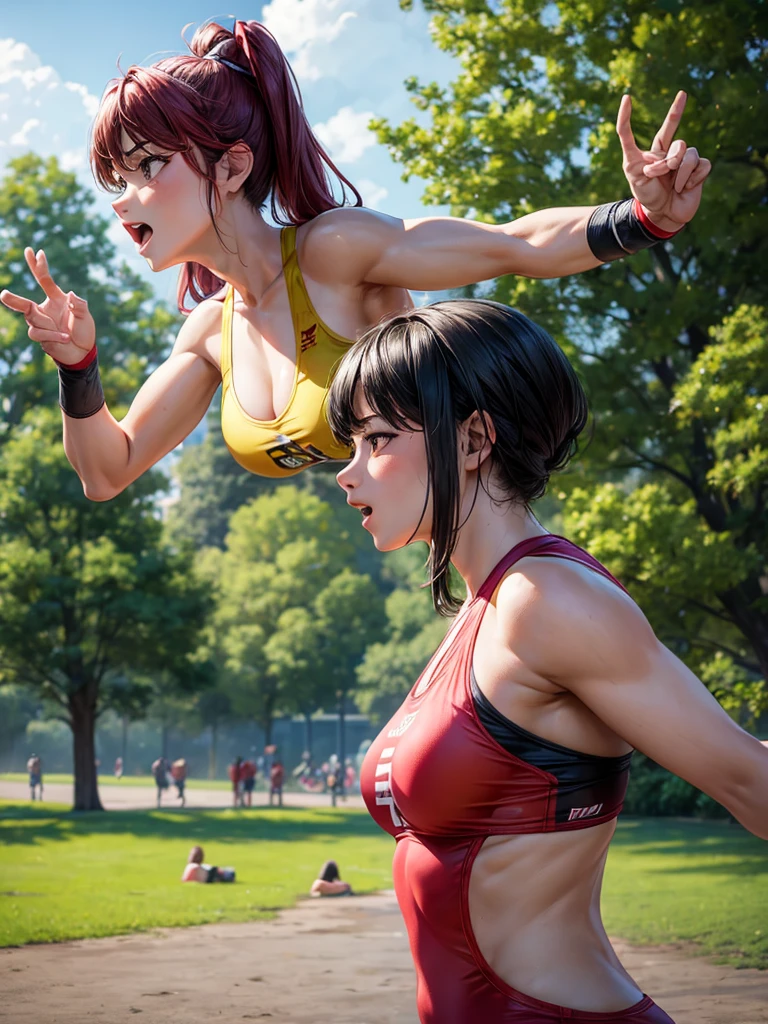 Female wrestlers playing in the park