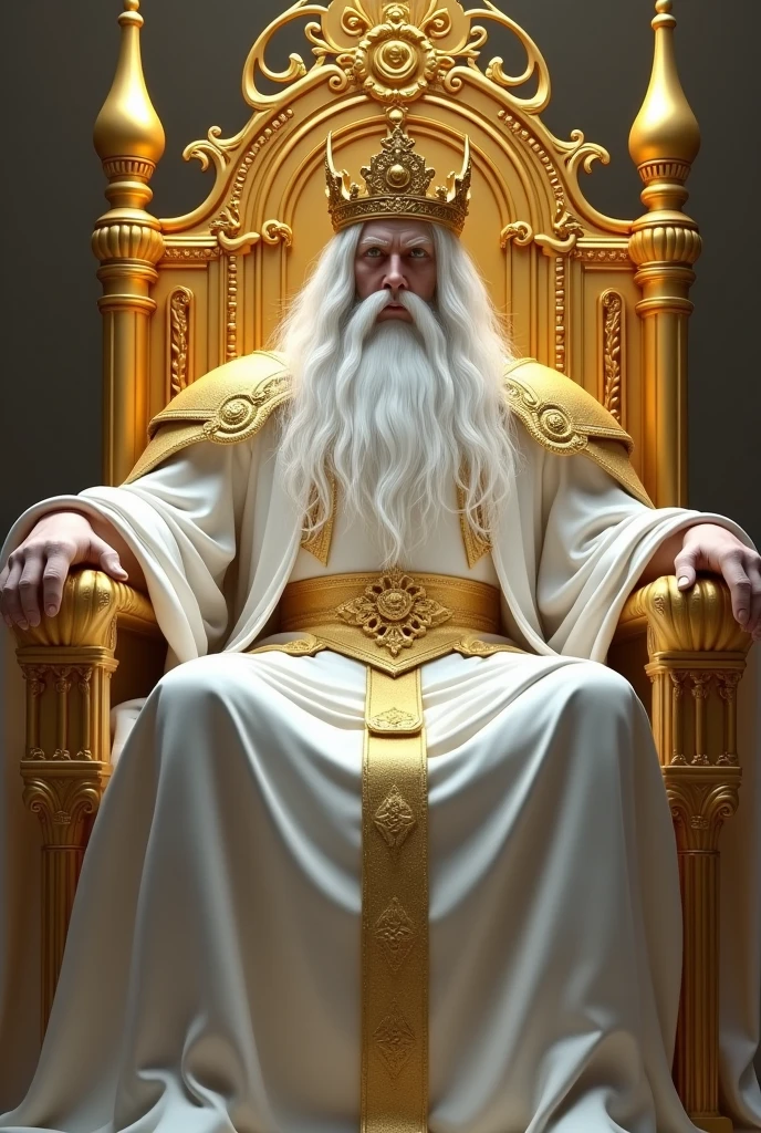a great king sitting and leaning on a great and exalted throne all of gold. This king has a big white beard, very long white hair, white skin and a large golden crown on her head. This being has white clothes, a golden belt and shoulder armor. this king is powerful and majestic.
