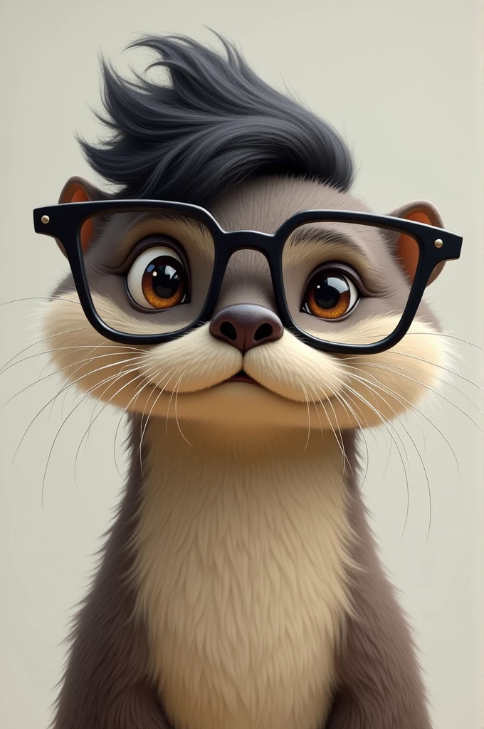 Create an otter with black square glasses and wavy black hair and a short ponytail
