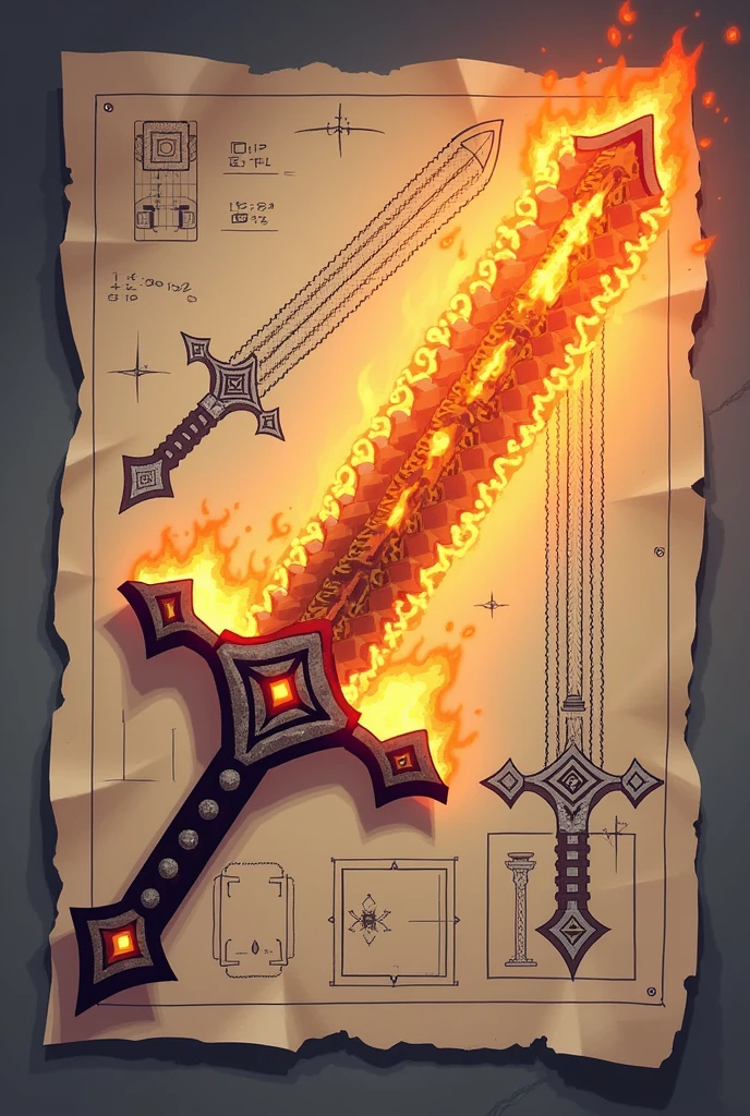 Create a sword for Minecraft pixel art a sword on a paper as a drawing as a floor plan of a project to do in several perspectives, should look like a rare hot fire blade