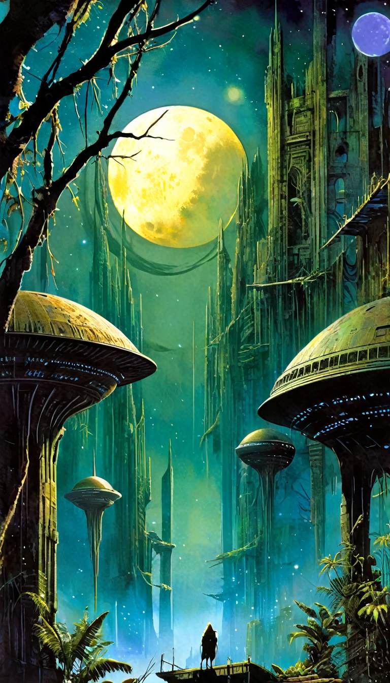 Enter the mysterious nighttime expanse of a deserted city, where moonlight cascades down on the skeletal remains of wooden structures, intertwined with the sturdy tendrils of jungle vegetation. Arriba, The cosmic tapestry is interrupted by the great spaceship. A surreal alliance of desolation and extraterrestrial presence unfolds beneath the twin moons, creating an enigmatic atmosphere over the abandoned cityscape -inspired by the art of Bill Sienkiewicz and Dave McKean