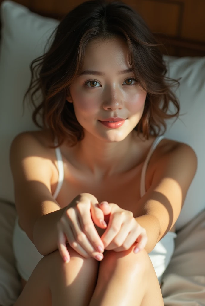 Highest quality、8k、masterpiece、Ultra-high resolution、Clear photos、Professional Lighting、Natural light、Realistic,、Highly detailed skin、Perfect Anatomy、((Beautiful Hands))、((Beautiful fingers))、One Woman、Age 21、Baby Face:1.6、Small breasts、(Large areola)、slim、Bob Hair、Brown Hair、Beautiful Hair、smile、Completely naked、bedroom、Lying down and spreading legs
