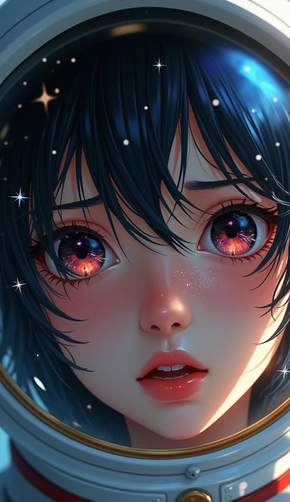 (Face close-up:1.5)0.9]、(Space and astronauts:1.2) (Messy black hair:1.1) (black eye) (Space Helmet:1.0) (Colored stars in the eyes:1.0) (Shining Sparkle:1.1) (Thick lips:0.9)、Stars reflected in the helmet々、Water droplets inside a helmet、Sweat、impatience