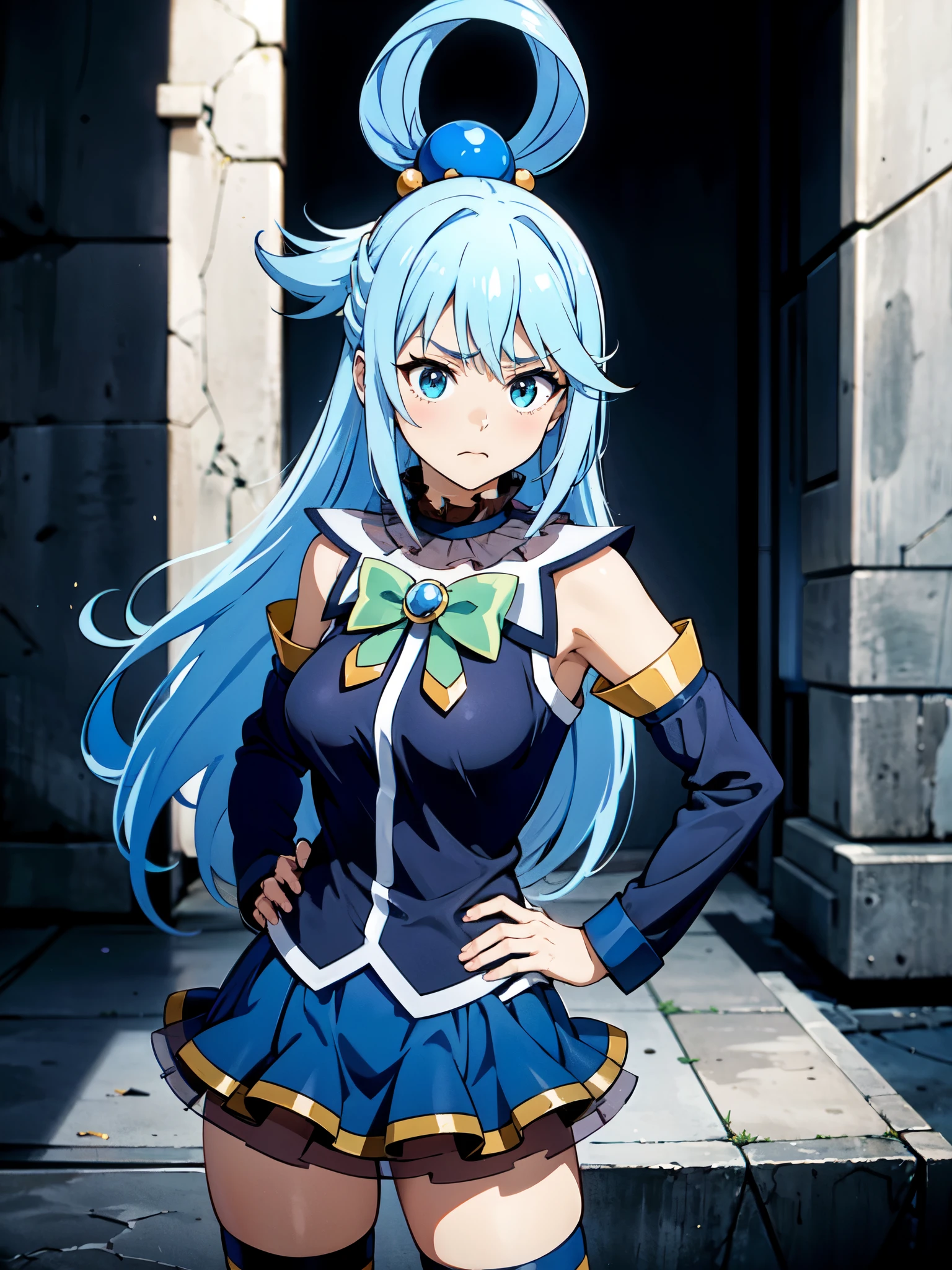 masterpiece, best quality, highres, absurdres, ultra detailed, pretty eyes, aaaqua, long hair, blue hair, hair rings, hair ornament,choker, bare shoulders, green bow, blue shirt, detached sleeves, blue skirt, thighhighs, annoyed, disappointed standing, hand on waist, vibrant colors