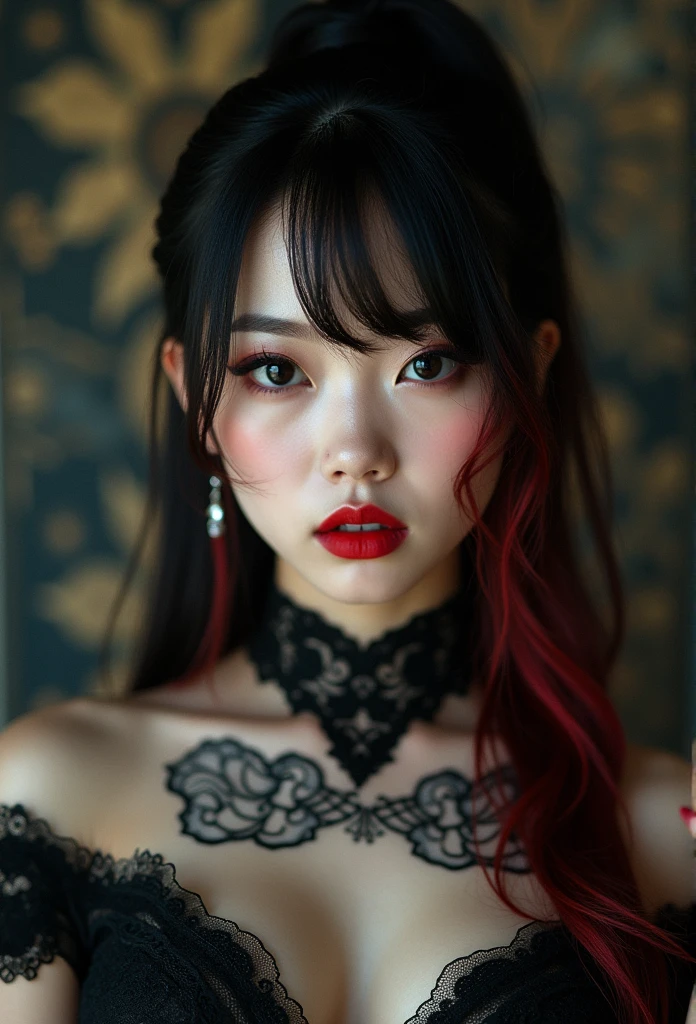 Award Winning, Best quality, gif,1 girl, Solo, Natural skin texture, Realistic black eyes and facial details),(Dark :1. 4), Deep shadows, Extremely detailed beauty, Detailed eyes, and face, sharp black eyes, Red lipstick, No black eyeliner, Detailed Gothic costumes, ponytails, Black hair, Canon 5D film, Surreal, Authentic textures, Dramatic, lighting, illusory engine, (facial clarity:1). 5), (Transparent clothes:1); 1) Gothic style, Black lace, tattoo. Asian girl with more or less long black hair with bangs and red highlights, e sexy, Lady, Pink hair, Silk dress, beautiful, anime, tattoo, face portrait, close up, big beautiful detailed eyes, ulzzang, art nouveau, candy, sweets, tattoo background pattern, tapestry,