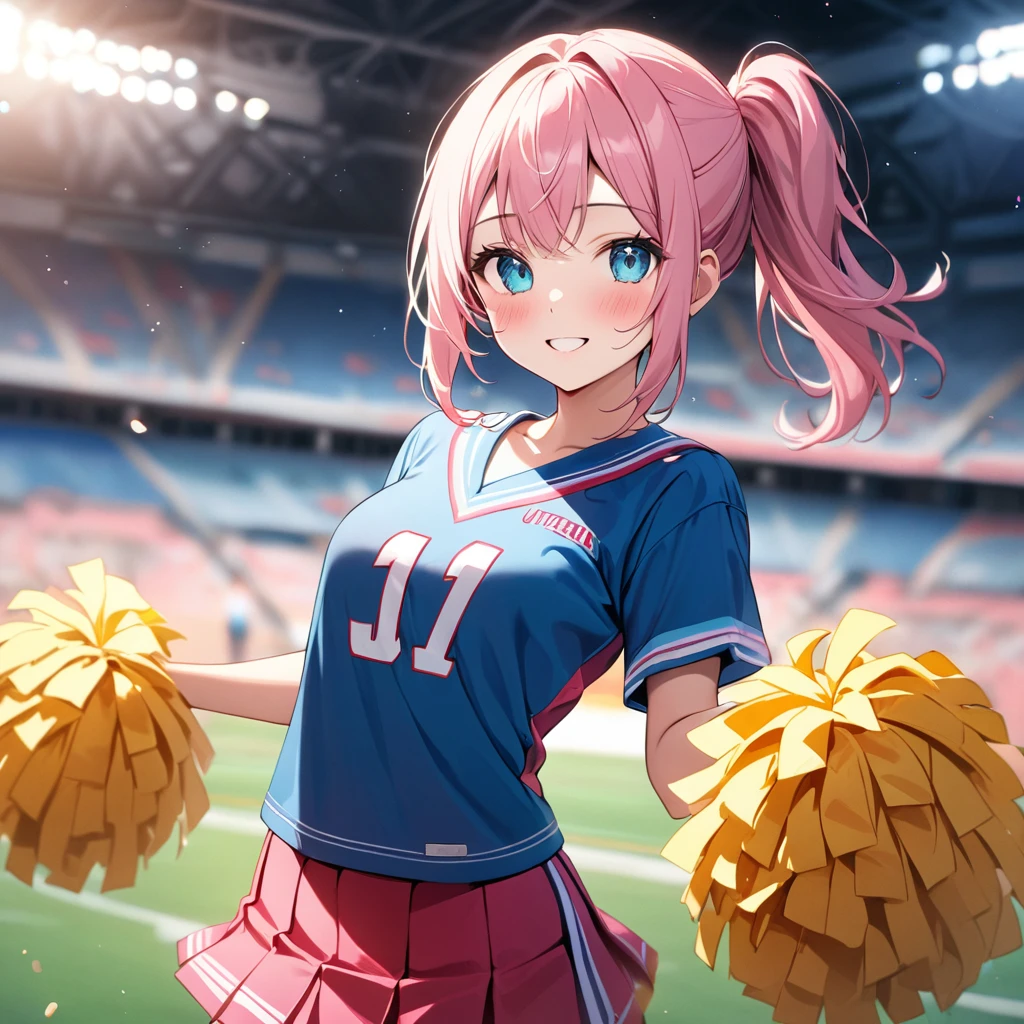 (8K, best quality, master piece: 1.2),ultra-high resolution,1 girl,solo,ultra-detailed face,detailed eyes,cyan eyes,one side up,pink hair,standing, looking at viewer, cowboy shot, (school student, cheerleader:1.2),blush,smile,(depth of field:1.3),Stadium