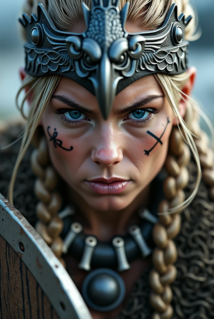 (masterpiece, ultra-high resolution:1.4), (photo of a blonde Viking warrior with braided hair:1.3), (tall stature and captivating blue eyes that emit a certain glow and light:1.4), (Sony Alpha 1 camera, renowned for capturing the highest level of detail in a photo:1.3), (paired with the Sony FE 85mm f/1.4 GM lens for stunning portraits:1.3), (the Viking's face with perfect symmetry and flawless features:1.2), (her face adorned with red war paint:1.3), (her intense blue eyes shining with determination:1.2), (her leather warrior attire, covered in red war paint and battle stains:1.3), (Sony Alpha 1 camera capturing the textures of the leather and paint with precision:1.2), (the Viking's slender, perfectly proportioned, and voluptuous body:1.3), (standing with a commanding presence amidst the battlefield:1.1), (a faint mist in the air, with volcanic ashes gently falling from the sky:1.1), (the background artistically blurred, emphasizing the Viking warrior as the focal point:1.1), (her expression displaying pure concentration and unwavering determination:1.3), (the camera capturing the emotion and intensity in her eyes:1.3), (the photo capturing a moment of raw strength and warrior spirit:1.1), (the ultra-high resolution ensuring every detail, from the intricacies of her braided hair to the tiniest war paint streak, is preserved:1.1), (a moment frozen in time, showcasing the bravery and ferocity of a Viking warrior:1.1), Cinematic, Hyper-detailed, insane details, Beautifully color graded, Unreal Engine, DOF, Super-Resolution, Megapixel, Cinematic Lightning, Anti-Aliasing, FKAA, TXAA, RTX, SSAO, Post Processing, Post Production, Tone Mapping, CGI, VFX, SFX, Insanely detailed and intricate, Hyper maximalist, Hyper realistic, Volumetric, Photorealistic, ultra photoreal, ultra-detailed, intricate details, 8K, Super detailed, Full color, Volumetric lightning, HDR, Realistic, Unreal Engine, 16K, Sharp focus, Octane render