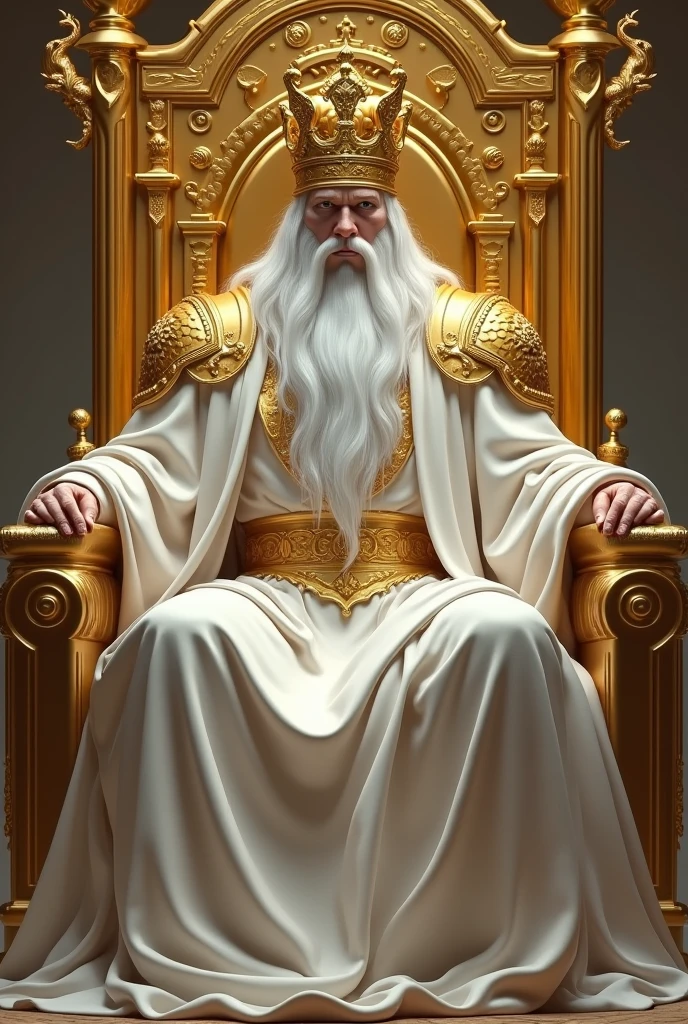 a great king sitting and leaning on a great and exalted throne all of gold. This king has a big white beard, very long white hair, white skin and a large golden crown on her head. This being has white clothes, a golden belt and shoulder armor. this king is powerful and majestic.