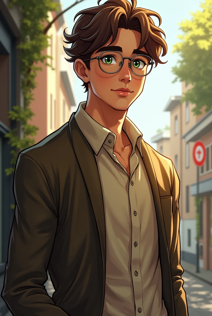 Tall boy short brown curly hair, middle musculature, green eyes, Italian defined features, thesis clara, dressed in a sweater over a shirt and with round glasses. in realistic style