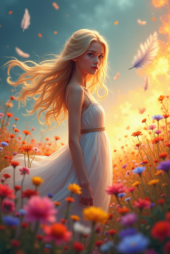 Digital art: blonde girl on a colorful flower field, feathers falling, full body, flames