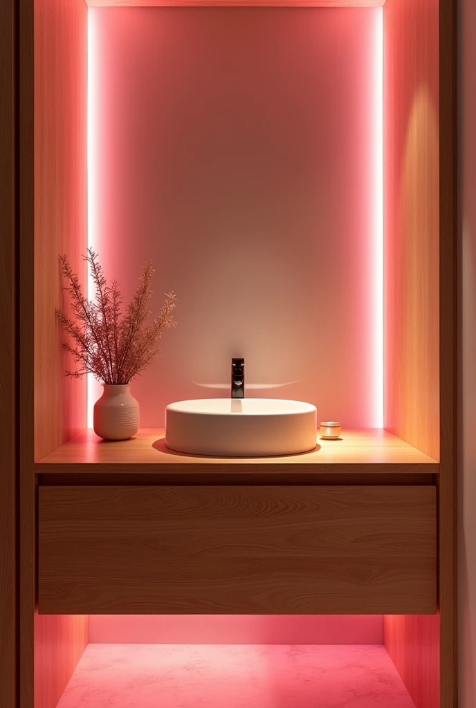 Create a wooden vanity with pink lights but not too pale or too strong