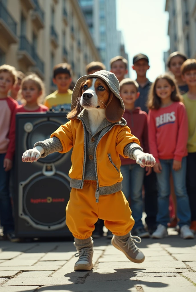hyper-realistic photo of a Beagle wearing Life DJs clothing and bucket hat breakdancing in front of a crowd of kids in a circle with a stereo in the corner